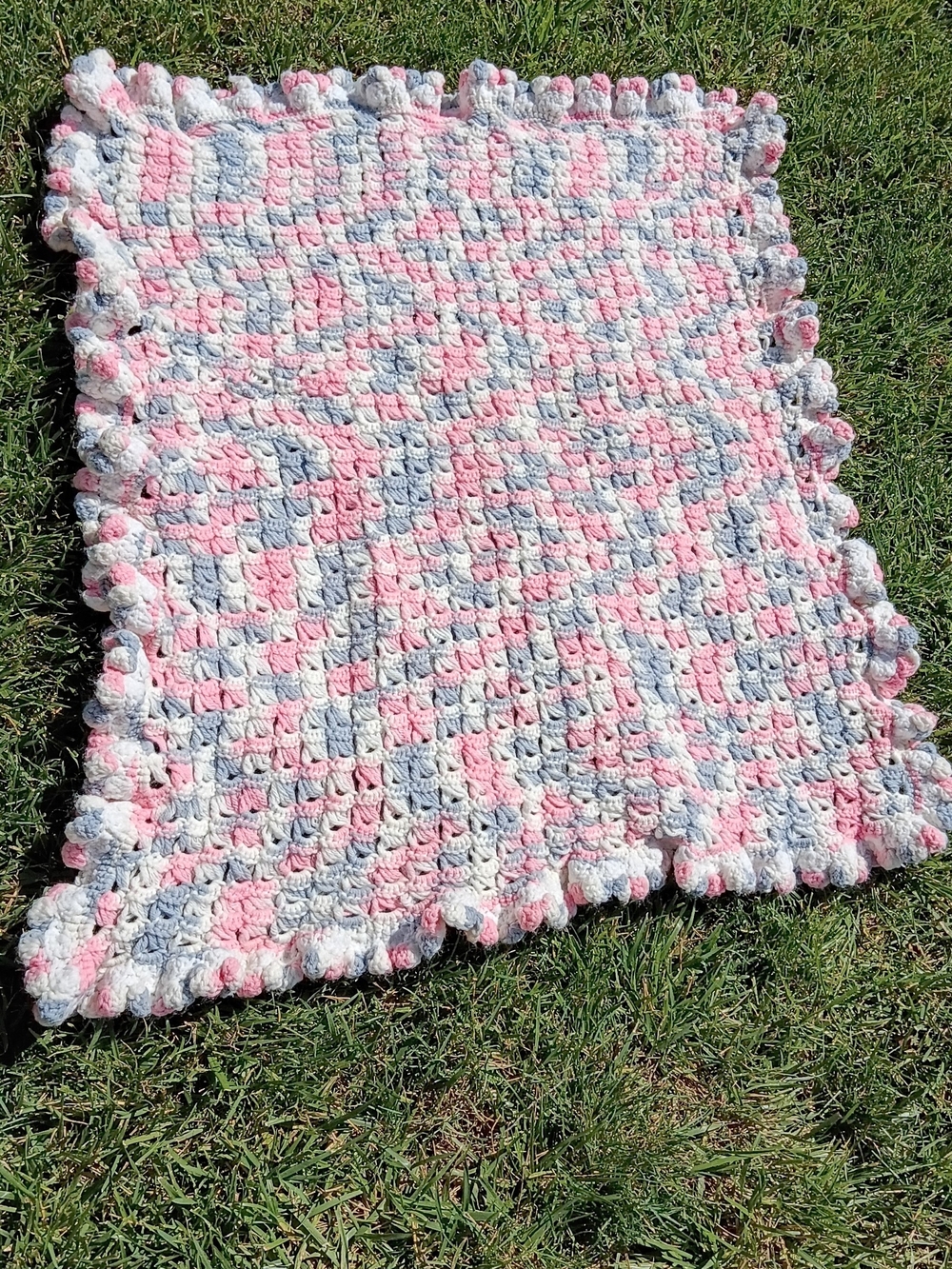 Handmade Crochet Baby Blanket 30x36 Pink Blue White Bobble Trim Stroller Pram